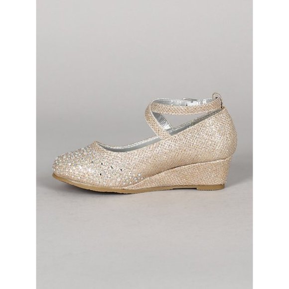Toddler /Little/ Big Glitter Rhinestone Crisscross Kitten Wedge Heel Pump -RGold - Picture 3 of 5